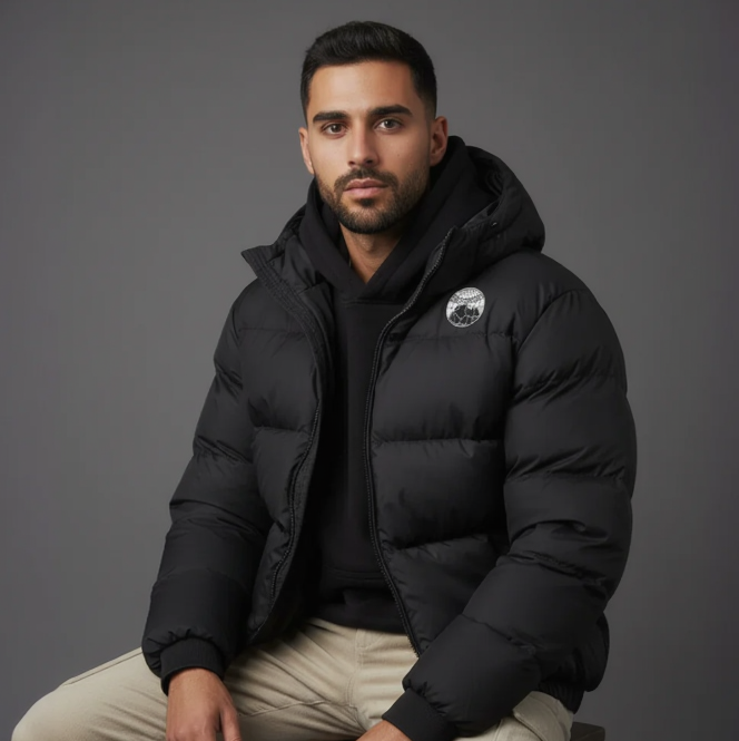 Man wearing a black puffer jacket with a logo, sitting on a stool against a gray background